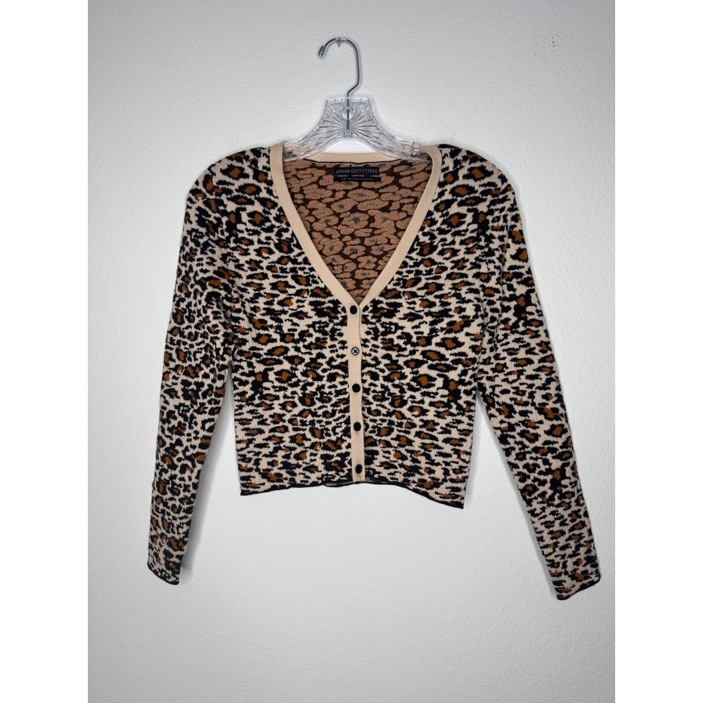 Urban Outfitters Leopard Print Cropped Cardigan Sweater Tan Brown Womens Size S